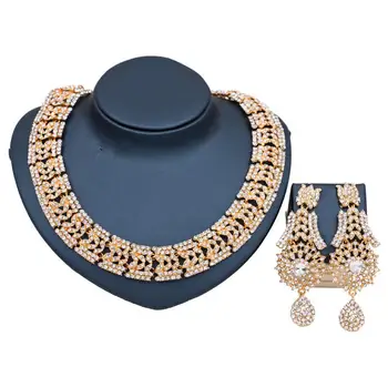 

Women India Style Wedding Statement Jewelry Set Crystal Rhinestone necklace earrings Bridal Party Jewelry Accessories