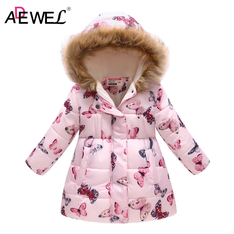 

ADEWEL New Children's Parkas Cotton Coats Girls Print Butterfly Kids Long Style Fur Collar Hooded 2019 Winter Girl Warm Clothing