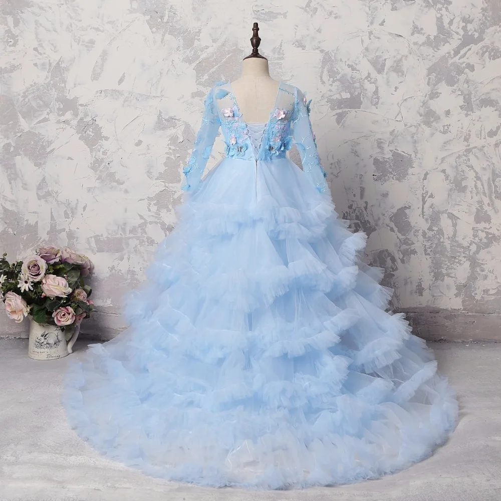 Небесно-Голубой 3D цветок пышные фатиновые Платья для девочек на свадьбу Кристалл оборками Многоуровневое одежда с длинным рукавом для