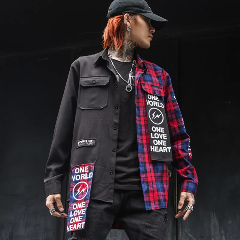

New Spring And Summer Male Long Fund Printing Long Sleeve Lattice Shirt Fashion Color Matching Hip Hop Men Shirt