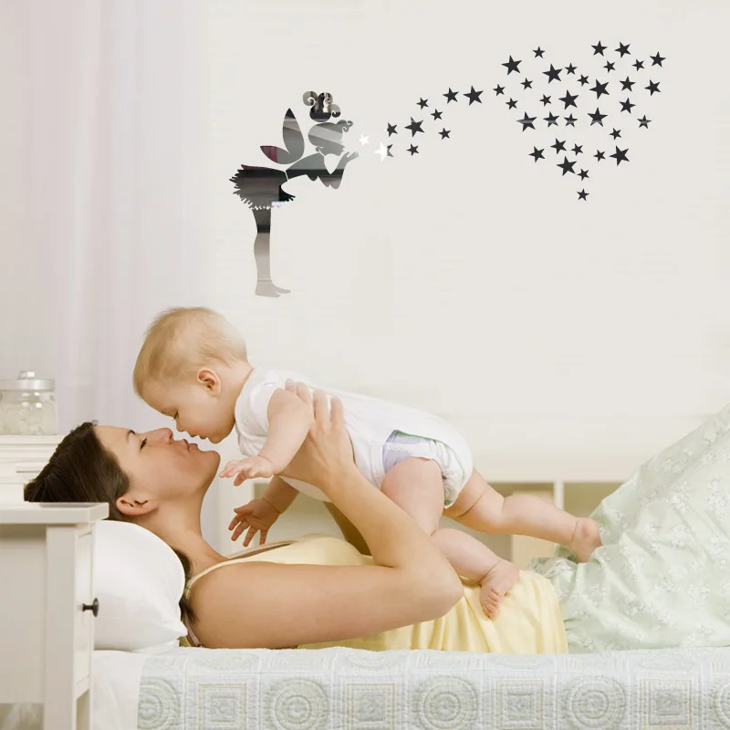 Niña soplando estrellas espejo Adhesivos de pared niños dormitorio pegatinas de pared arte de la pared acrílico espejo decorativo