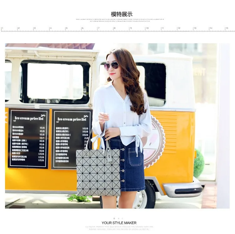 Deformable Women Handbag Geometry Quilted Plaid Mosaic Sequins Mirror Shoulder Tote Bag BaoBao Lattice Laser Foldable PU Bag (9)