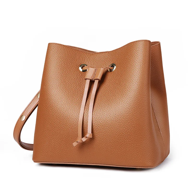 Simple lychee pattern First layer cowhide women's bucket bag draw belt buckle open and close crossbody bags for women bag
