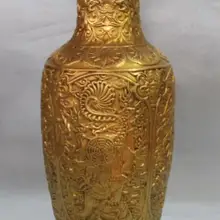 S00268 1" Клеймо Китайский Фиолетовый Бронзовый 24 К Золото Четыре большой зверь Дракон Ваза Статуя