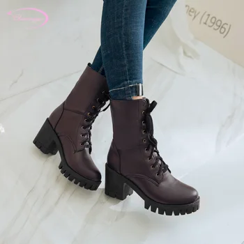

Chainingyee college style round toe mid-calf boots fashion lace-up waterproof black white brown low heel women's riding boots