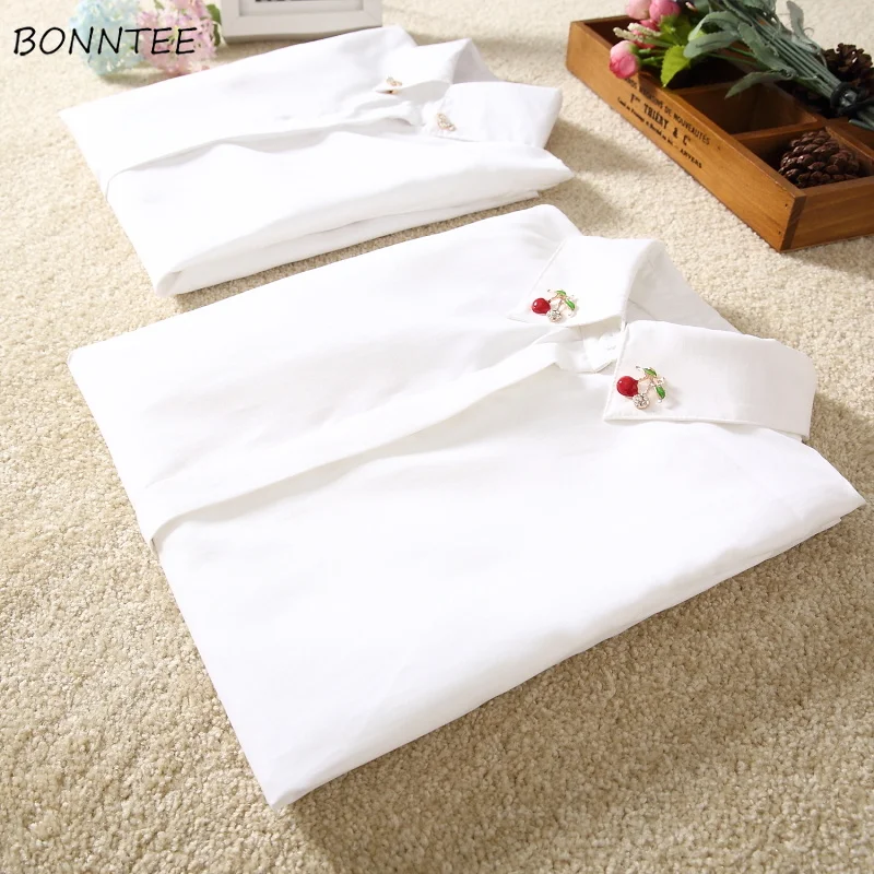 Shirts Women Basic Classic White Shirt Soft Students Leisure Solid Womens Shirt Korean Turn-down Collar Lovely Ladies Harajuku