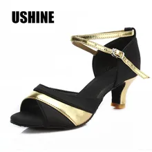 Черный золотой каблук 7 см/5 см атласная Танго Туфли для латинских танцев женские Zapatos De Baile Latino Mujer 806