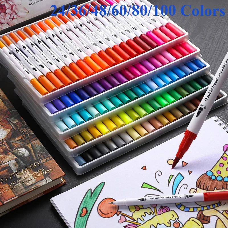 

24/48/60/80/100 Colors Dual Head Sketch Markers Brush 0.4mm Fineliner Watercolor Copic Marker Dual Tip Art Marker Pen