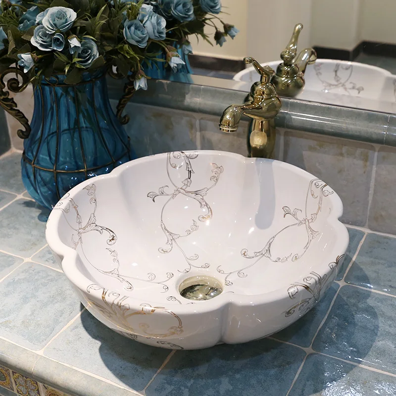 Round Flower shape Bathroom Lavabo Ceramic Counter Top Wash Basin Cloakroom Hand Painted Vessel Sink coloured bathroom basins (7)