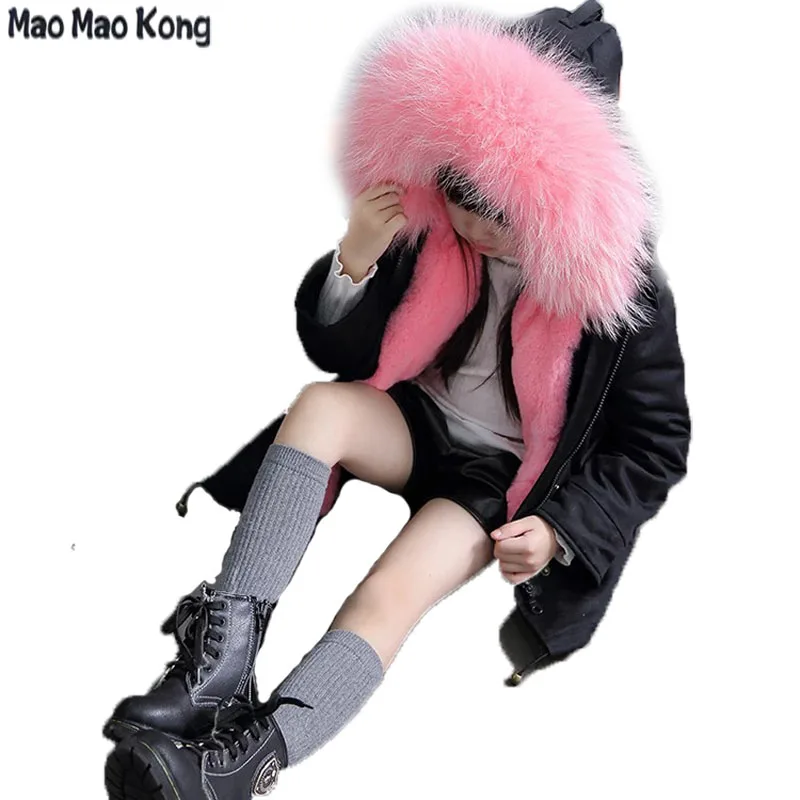 

2019 Children Army Green Coat Kids Real Natural Rabbit Fur Clothing Winter Rabbit Long Parkas Hooded Coat Grils Warm Jacket