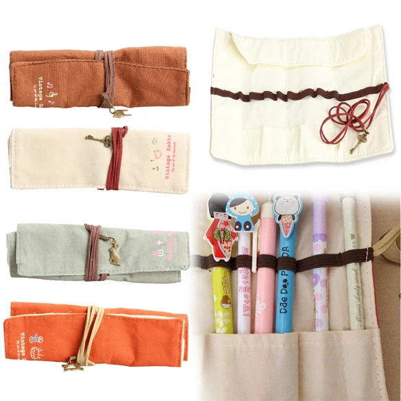 

Simple Multifunctional Canvas Strap Wrap Roll up Pen Pencil Case Cosmetic Bag Storage Pouch Gift LXY9 DE1717