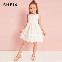 SHEIN Kiddie/милое белое однотонное платье на молнии сзади с помпонами для маленьких девочек; коллекция года; летнее расклешенное платье без рукавов с высокой талией в стиле бохо