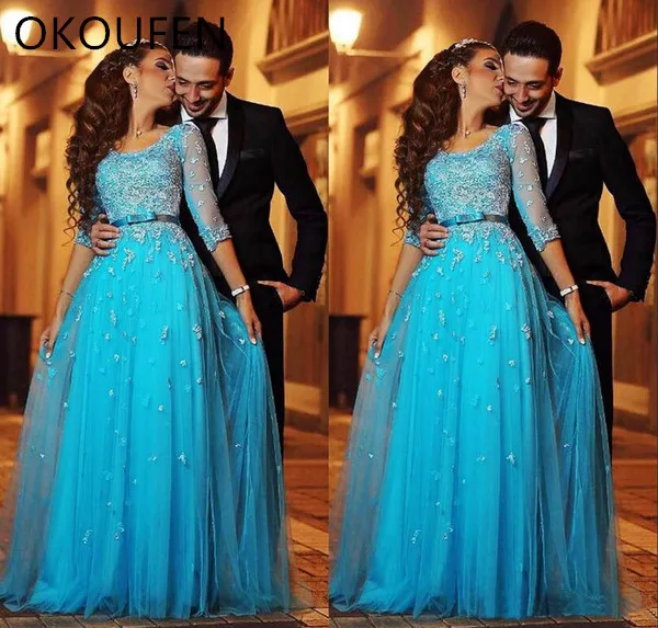 Blue Lace Arabic Evening Dresses Scoop Half Sleeves A-line Tulle Prom Dresses Vintage Cheap Formal Evening Gowns=