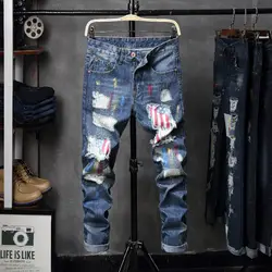 Новый для мужчин джинсы для женщин с вышивкой rapped повседневное мужской деним 2018 не стрейч осень зима синие мягкие прямые