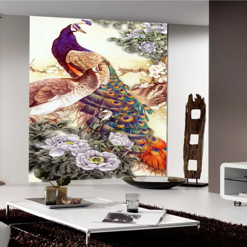 

Custom photo wallpaper Custom peacock peony flower painting mural living room hotel entrance decoration wallpaper