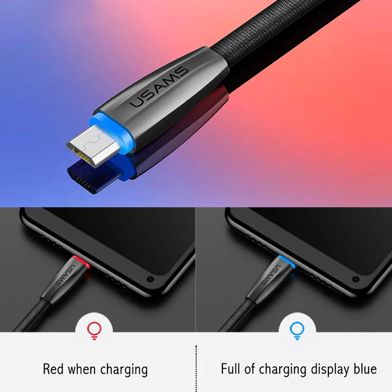 Cable Micro USB USAMS Cable rápido de carga completa inteligente Luz de cambio automático Micro Cable para Samsung Xiaomi Carga inteligente y sincronización