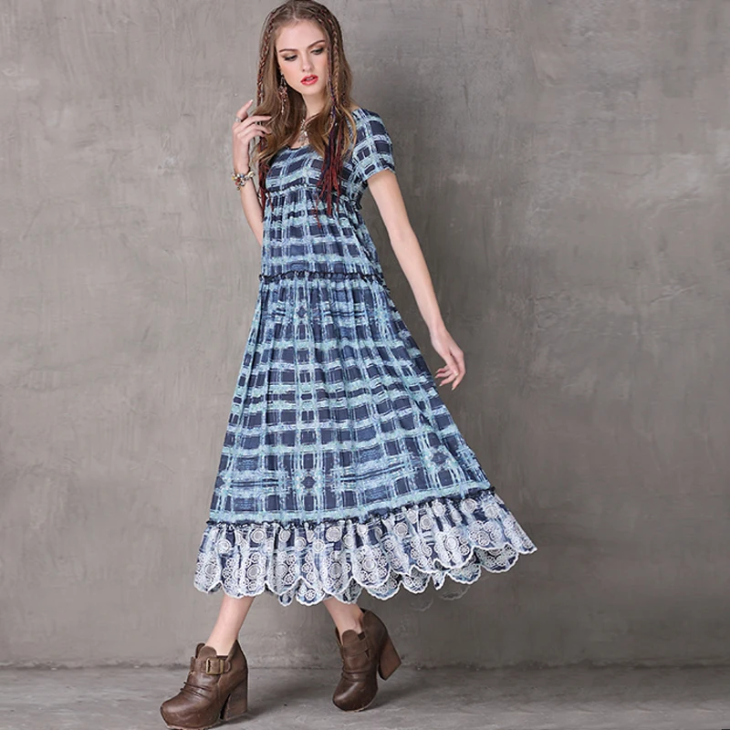 

Women Long Dress 2017 Vintage Loose Cotton Dresses Short Sleeve O-Neck Swing Hem Floral Print Plaid Dress Vestidos OK