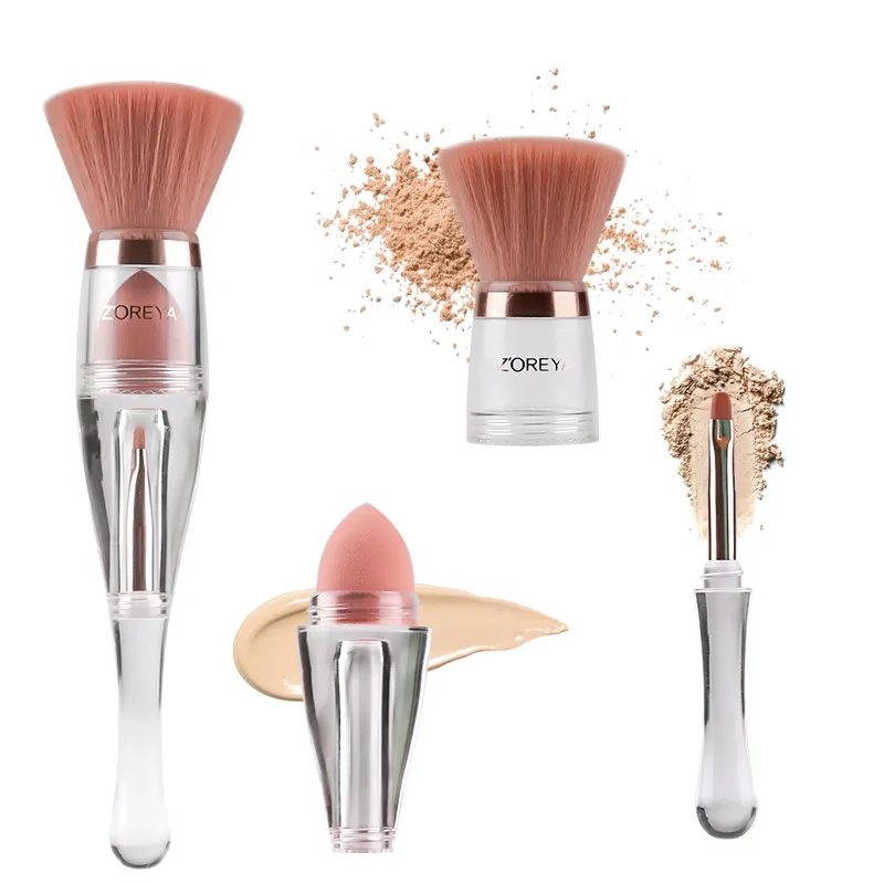 Zoreya бренд 3 в 1 кисти для макияжа лица с крышкой мягкие синтетические волосы тени для век Губка плоская контурная кисть основа косметические инструменты - Handle Color: Multi-function brush