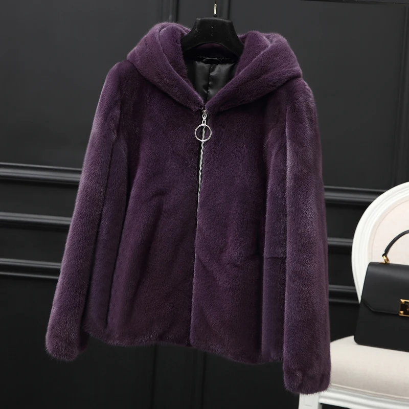 

2019 winter new whole mink fur coat women's fashion short zipper with hooded mink fur coat