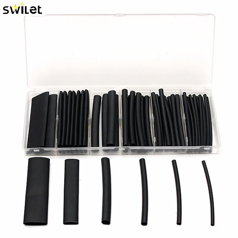 

SWILET 53Pcs/Case Black 3:1 Heat Shrink Tubing Cable Sleeving Assortment Wrap Wire Kit With Polyolefin Tub