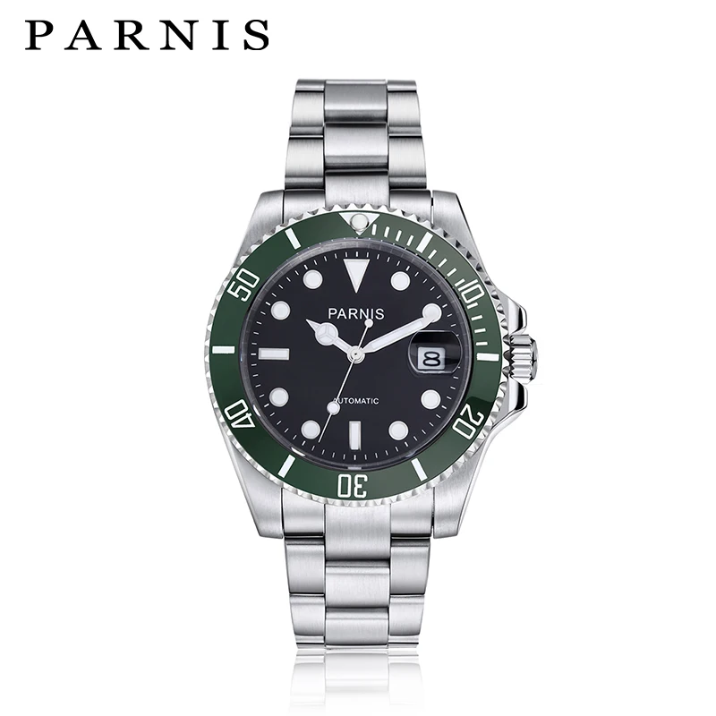 

40mm Parnis Green Ceramic Bezel Stainless Steel Case Automatic Movement Auto date Men's Wrist Watch black Dial
