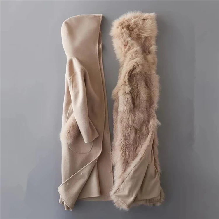 YMOJNV зимнее Новое двухстороннее кашемировое пальто с капюшоном женское Модное теплое съемное длинное шерстяное пальто с подкладкой из натурального Лисьего меха
