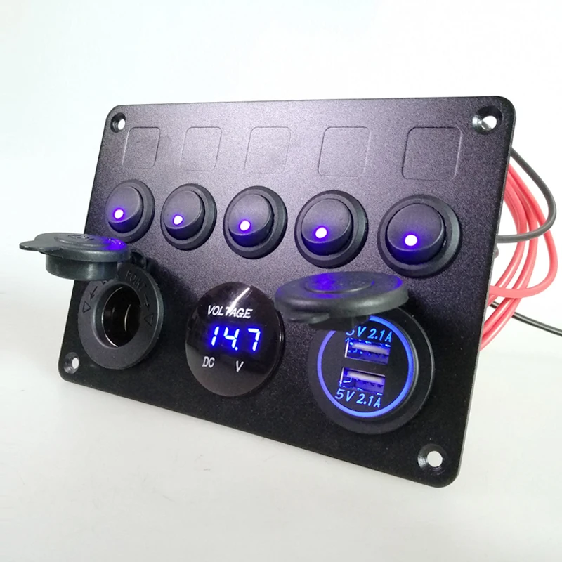 Caixa de Fusível Inline Gang Azul Rocker Switch Painel Voltímetro Dupla Usb Carregador Tomada 12 v 24 Veículo Iate Navio Carro Barco Marinho 5 Led 17 Cheap Chaves do carro e relé