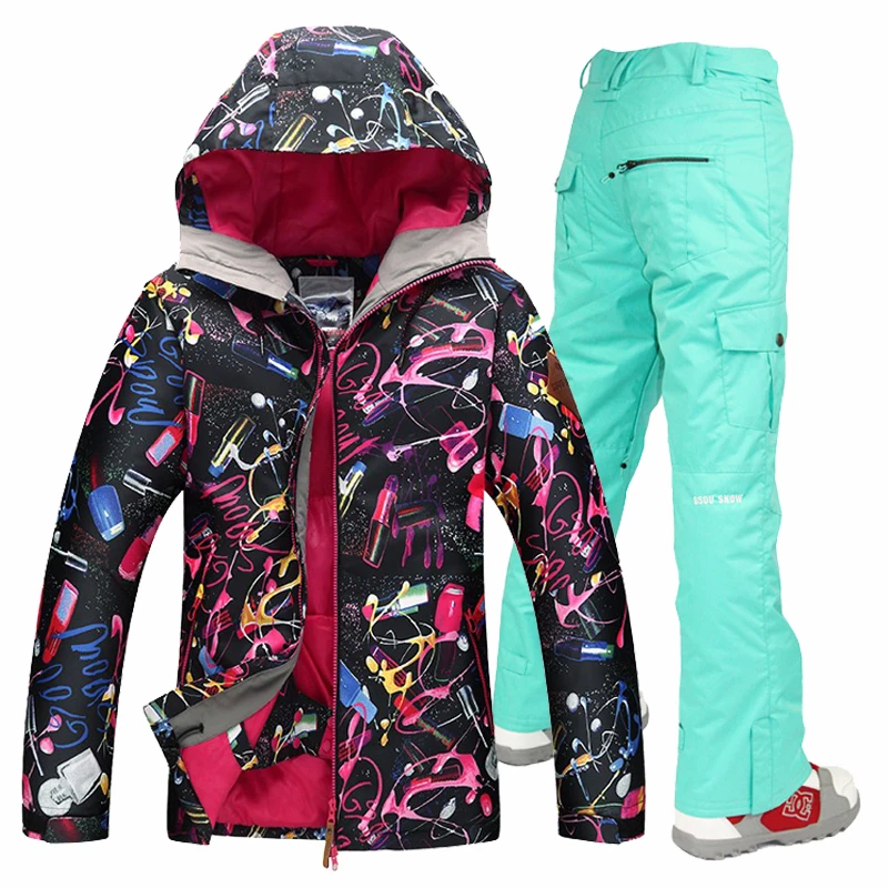 Free shipping waterproof jacket Gsou snow ski suit set womens snowboard jackets ski suit women skiing set