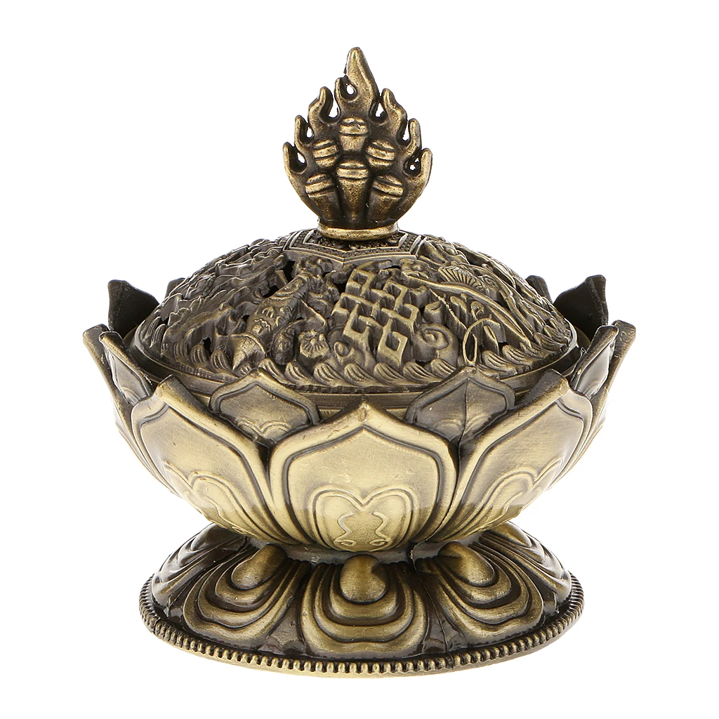 Lotus Stick Cone Holder Backflow Aroma Smoke Incense Burner Censer Bronze