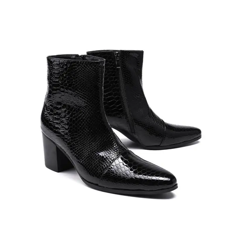 Mode Heel Schwarzes High Top Personalisierte Waden Errfc Patent Muster Schwarz Boot Designer Schuhe Leder Python Schlange Männer Mittlere 0gaTF