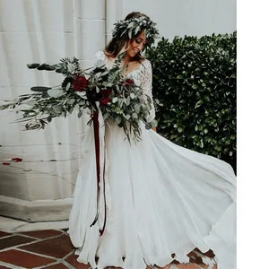 LORIE Boho Wedding Dress 3/4 Long Sleeves A-Line White Ivory Chiffon Lace Princess Beach Bride Two Pieces Wedding Gown