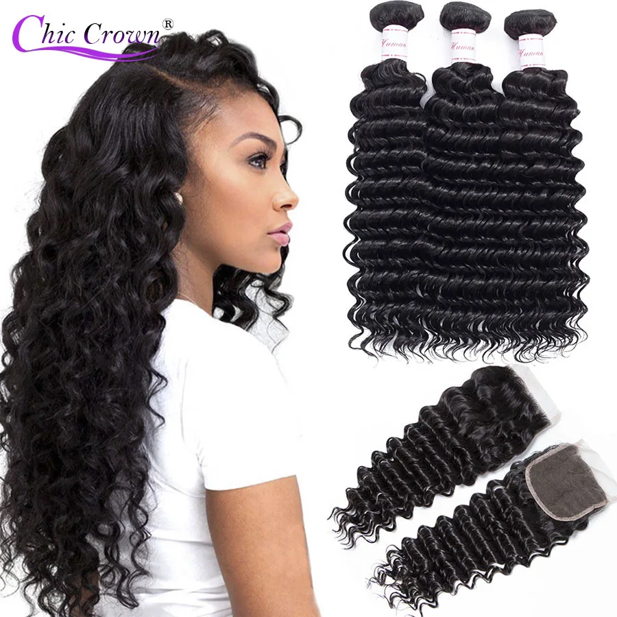 Hermosa-Brazilian-Deep-Wave-Bundles-With-Closure-Double-Weft-Remy-Human-Hair-Weave-3-Bundles-With