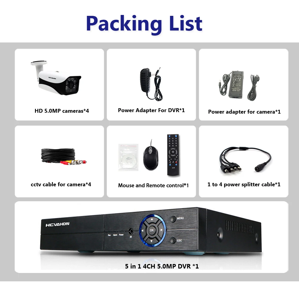 Discount HCVAHDN 5.0MP 4CH Security Camera System CCTV Surveillance Kit 40m Night Vision Camera HDMI P2P  DVR 5MP Video Output Kits 3