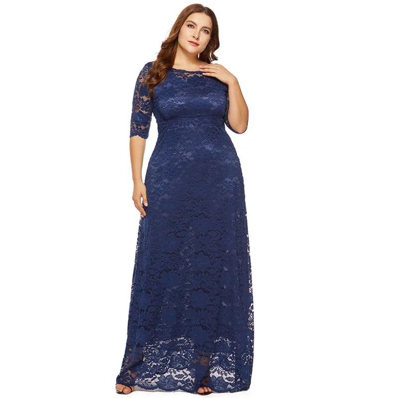 

Women Hollow Out Lace Dress Solid O-Neck Long Sleeve Floor-Length Maxi Dresses Evening Party vestido 2019 Plus size 5XL 6XL