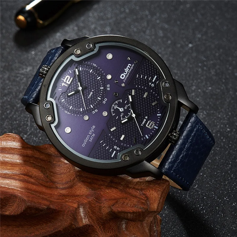  Oulm New Fashion Dual Time Zone Men's Watches Big Size Quartz Clock Male Leather Strap Wristwatch U