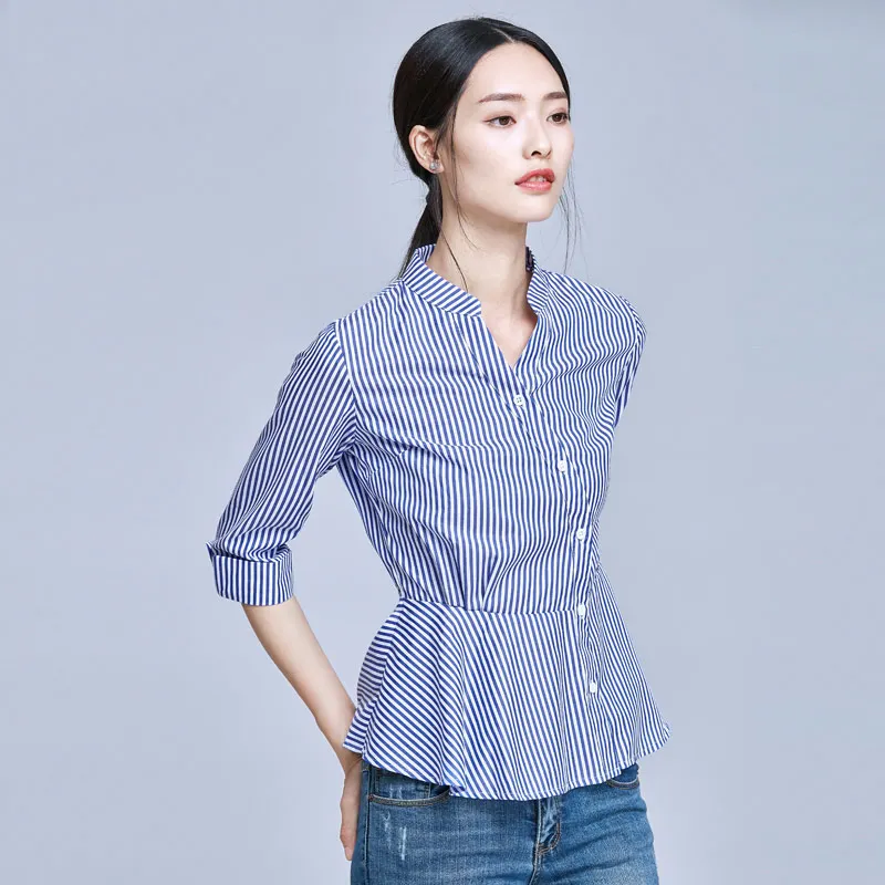 Blue And White Striped Shirt Women 2018 Summer Fashion