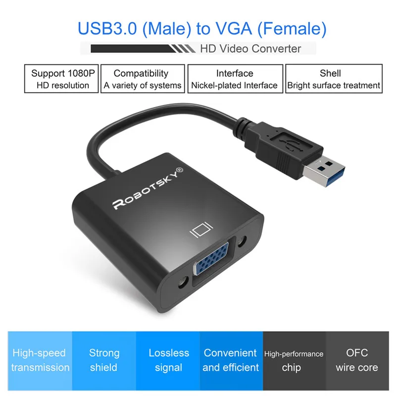 Robotsky Высокое качество USB 3,0 к VGA HD конвертер адаптер внешняя видео Графическая карта для настольного ноутбука