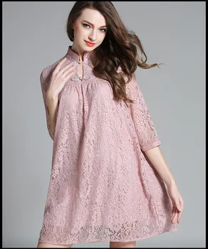 

4XL Lace dress 5xl women plus size 2017 High Quality Women Bohemian Black Lace Autumn Casual chinese button pink loose dress