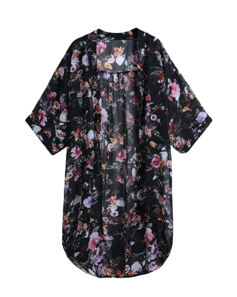 Женщин Boho шифон кимоно кардиган с цветочным принтом 3/4 рукавом длинная блузка топ свободного покроя свободная одежда для пляжа плюс размер 5XL черный - Цвет: Черный