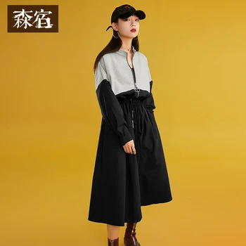 

Spring Women Dress Turtleneck Patchwork A-Line Full Female Vestidos Stylish Empire Mid-Calf Office Lady Femme Dresses