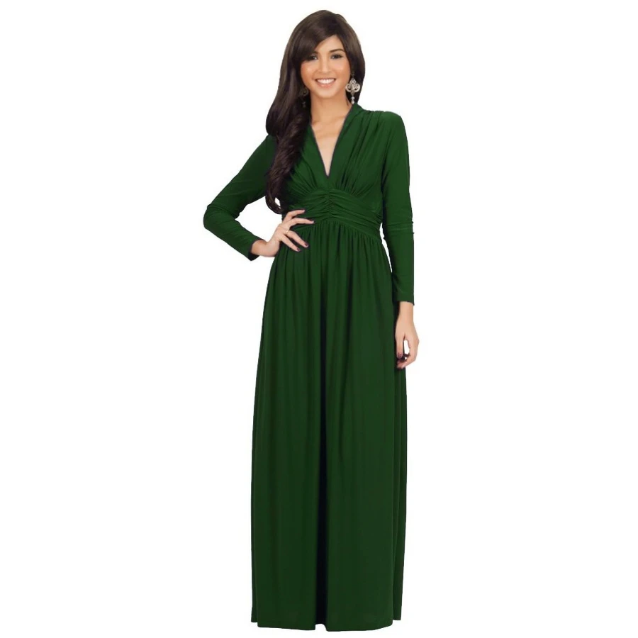 

FD6526 Women Autumn&Winter Solid Color Full Sleeve Maxi Dress Vestidos Robe Sexy V-neck Pleated Floor Length Dresses Party Gown