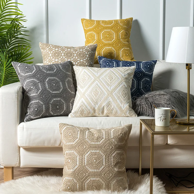 

18" Embroidered Cushion Cover Lace Floral Circle Grey Yellow Khaki Ivory Blue Canvas Cotton Square Pillow Cover 45x45cm