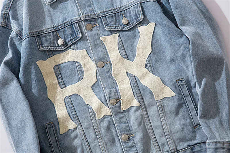 MORUANCLE Fashion Men Hi Street Denim Jackets Streetwear Jeans Trucker Jacket Outerwear Letter Printed Washed Blue Size M-XXL