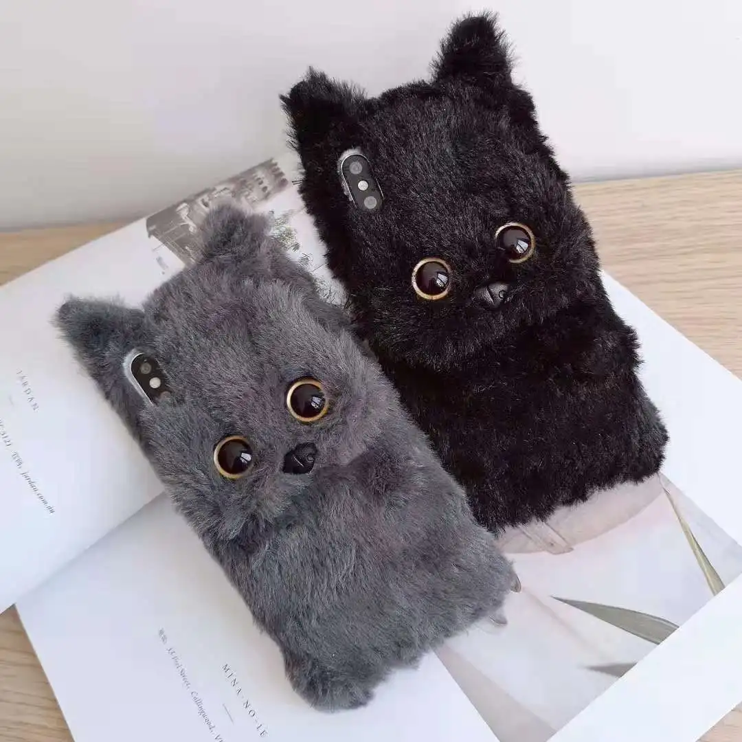 Cute Cat Phone Case For iPhone 10 X XS MAX XR Winter Warm White Black Grey Fur Furry Soft Back Cover iPhone8 7 6 6s Plus |
