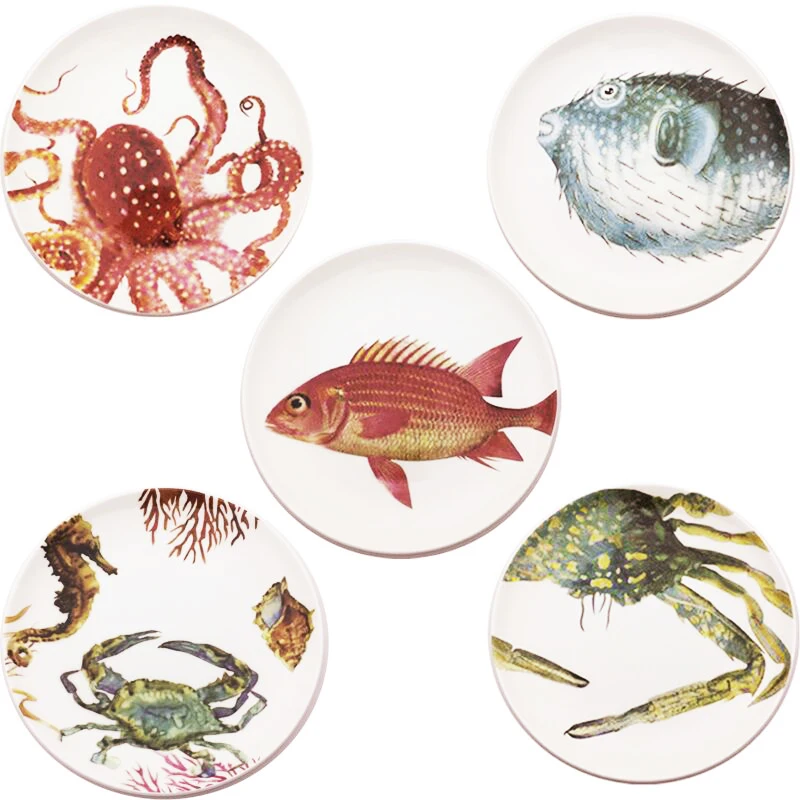 

8 Inch Fancy Ocean Ceramic Steak Plate Dish puffer Crab Octopus Fish Seafood Fast Food Tray Family Tableware Christmas Gift 1pcs