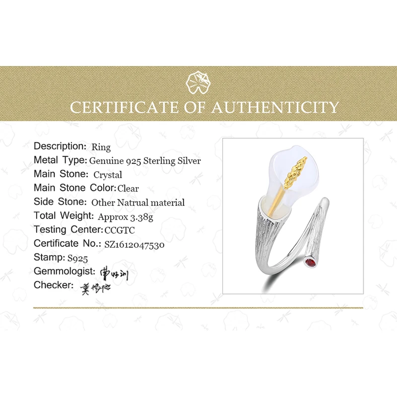 Lotus Fun Genuine 925 Sterling Silver Rings for Women Calla Lily Flower Red Zircon Finger Ring Resizable Silver 925 Jewelry