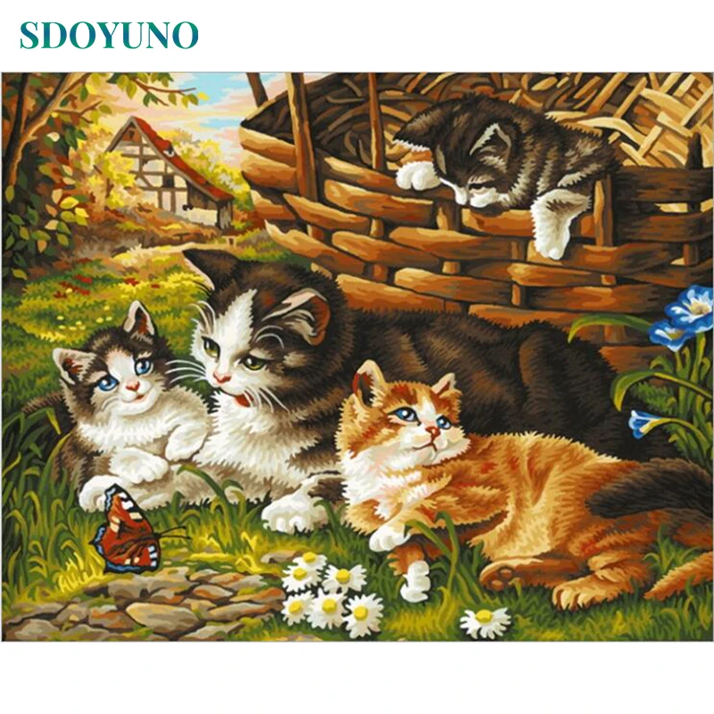 

SDOYUNO Frame Cats Family DIY Painting By Numbers Kits Acrylic Paint On Canvas Modern Wall Art For Home Decoration 40x50cm