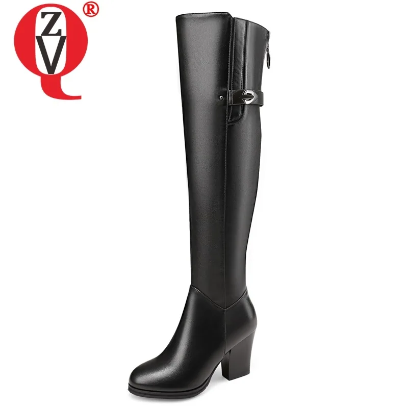 

ZVQ woman shoes winter new fashion round toe genuine leather metal decortaion high boots outside super high heels zipper shoes