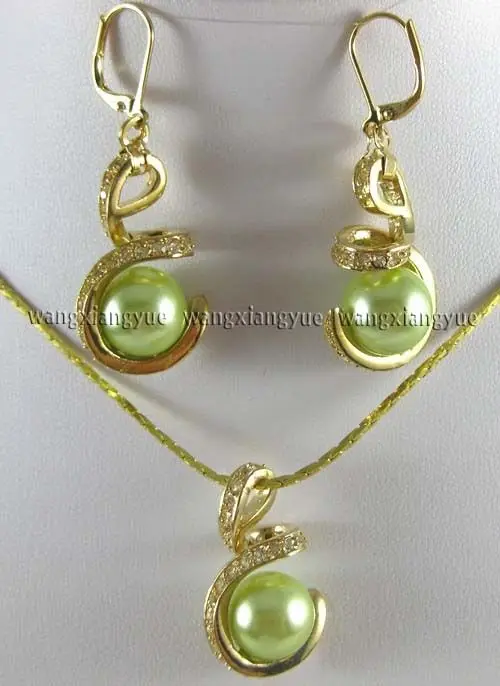 12 мм жемчужные серьги и ожерелье с подвеской в виде ракушек из яблока зеленого