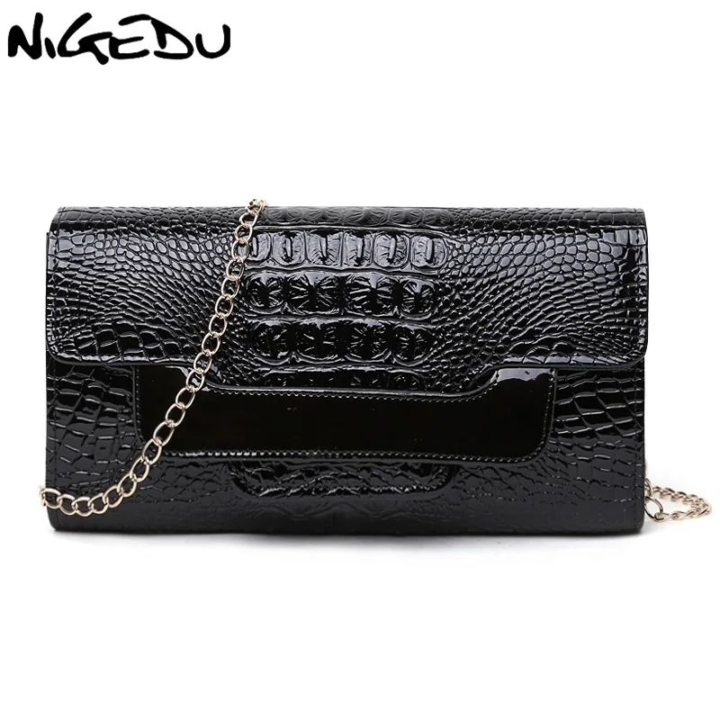 NIGEDU брендовый клатч из крокодиловой кожи, роскошные вечерние сумки, лакированная кожа, сумка на плечо для женщин, сумка-мессенджер на цепочке, клатчи